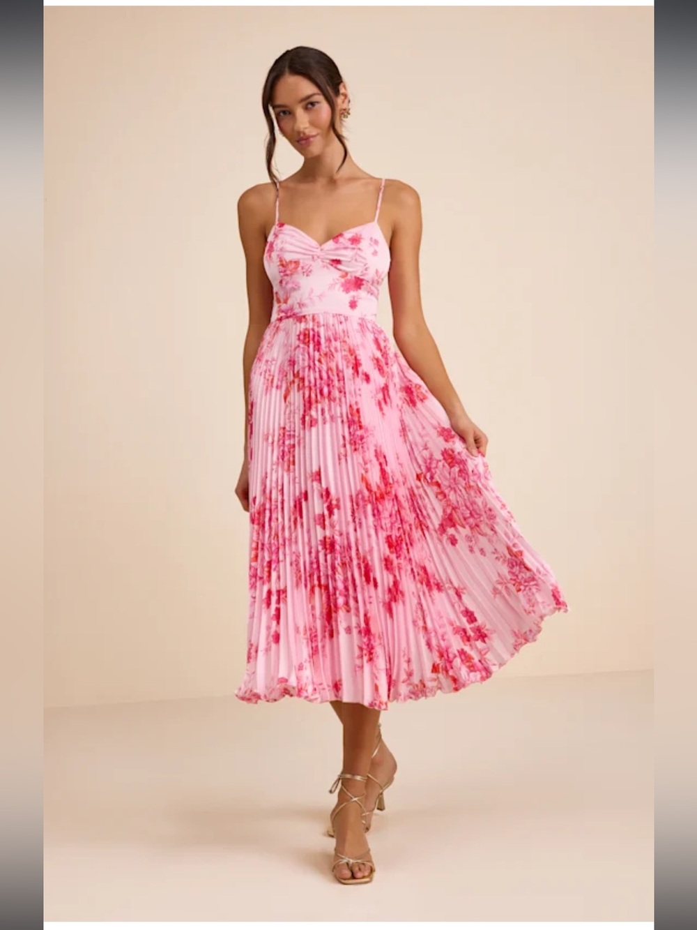 Lulus Francette Pink Floral Satin Pleated Midi Dress Size Large Broken Zipper